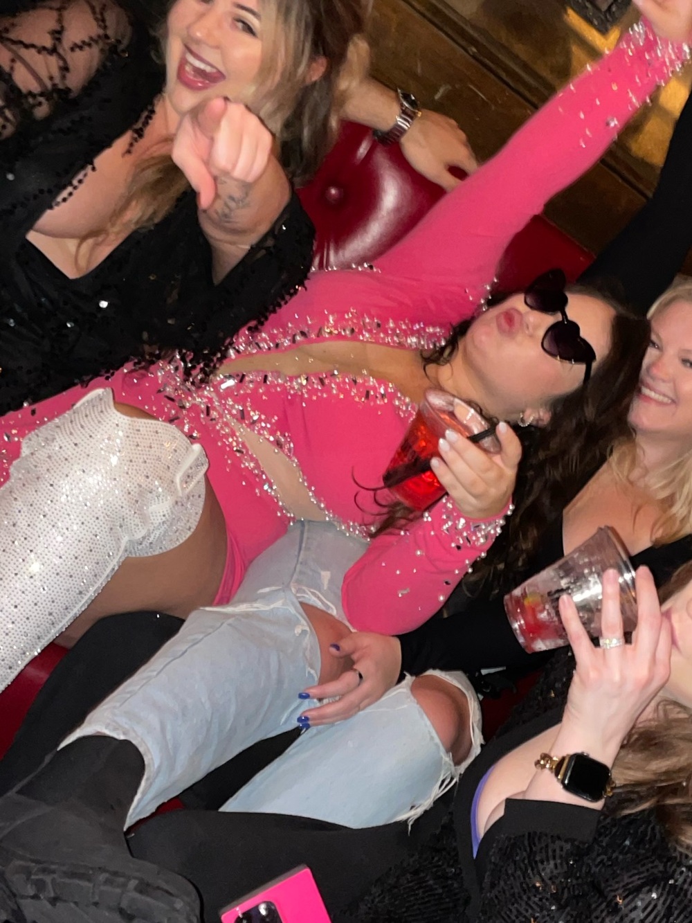 Rhinestone-Trim Hot Pink jumpsuit